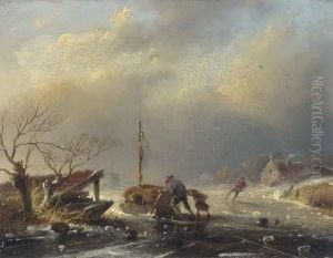 Peasants Pushing A Sledge On A Frozen River by Jan David Geerling Grootveld