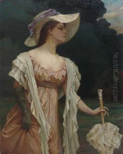 Elegante Dame Mit Schirm In Parklandschaft.