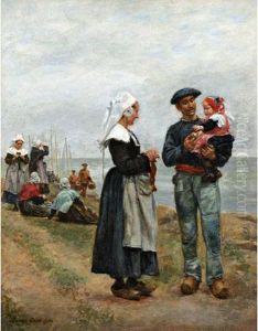< En Famille Surune Plage Du by Lucien Alphonse Gros