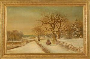 Winter Landscape With Sled And Figures By A River And Distant Town by Daniel Charles Grose