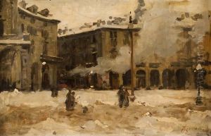 Piazza Vittoria A Torino Sotto La Neve by Giacomo Grosso