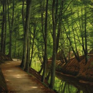 A Beech Forest With A Stream And Walking Persons by Vilhelm Georg Groth