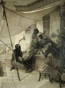 An Elegantoriental Lady With Her Handmaids On A Terrace by Philipp Grotjohann