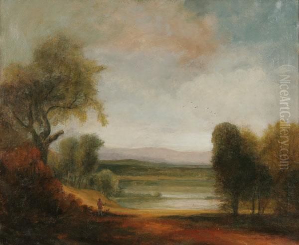 Idyllic Continental Landscape With Figure And Dog - view 1