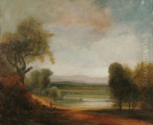 Idyllic Continental Landscape With Figure And Dog by James Grove