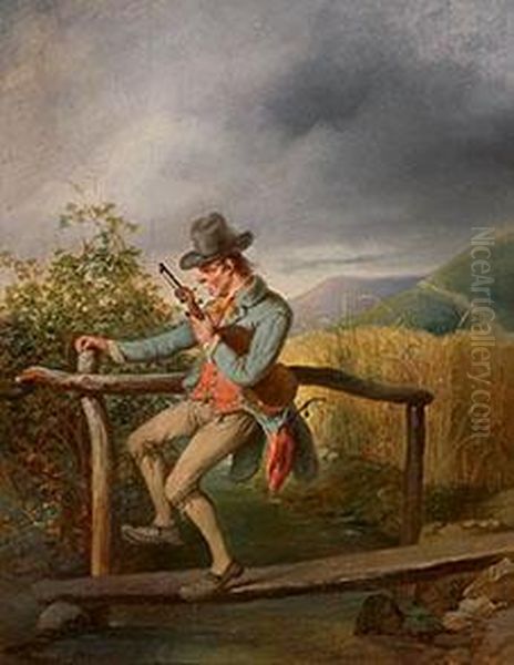 Betrunkener Violinist Bei Der Uberquerung Einesholzstegs Uber Einen Bach. Ol/holz, Parkettiert. U. L. Sign - view 1