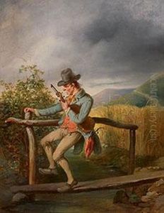 Betrunkener Violinist Bei Der Uberquerung Einesholzstegs Uber Einen Bach. Ol/holz, Parkettiert. U. L. Sign