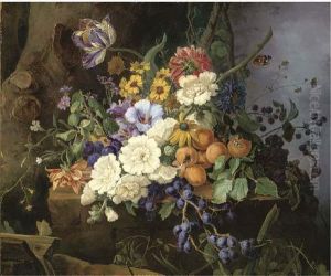 Carnations, Convolvulus And Other Flowers, With Grapes, Apricots,plums And Blackberries On A Stone Ledge by Franz Xaver Gruber