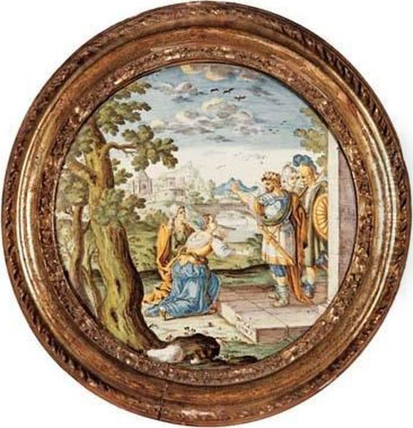 Formella circolare In Maiolica Dipinta In Policromia Nelle Tonalita Predominanti del Giallo, Azzurro, Verde E Manganese A Raffigurare Due Donne Al Cospetto Di Un Regnante Con Accanto Due Soldati; Sullo Sfondo Un Paesaggio Fluviale Con Ponte, Castello E Ca - view 1