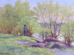 A Man With A Cane In A Waterfront Landscape by Richard Buckner Gruelle