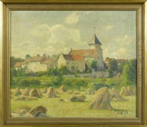 Village Church With Hay Stack In The Foreground by Maurice Grun
