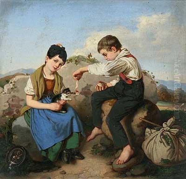 Rastende Bauernkinder Mitspielendem Katzchen Vor Sommerlandschaft - view 1