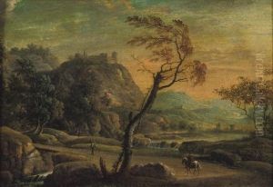 A Mountainous River Landscape With Travellers On A Track, A Castle On A Hill Beyond by Johann Jacob Norbert Grund