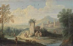 A Southern Landscapes With Figures Resting By A Well by Norberta Grund