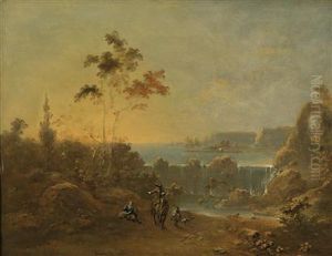 River Landscape With A Waterfall And Horseman by Norberta Grund