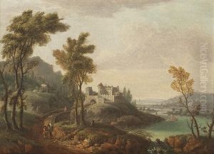 Hugelige Landschaft Mitfestungsanlage Und Personenstaffage An Nahegelegenem Fluss by Norberta Grund