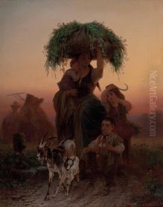 Junge Frau Kehrt Mit Ihren Kindern Von Der Feldarbeit Heim by Jakob Grunenwald