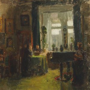 Interior With People Reading And Sewing by Gustava Gruner