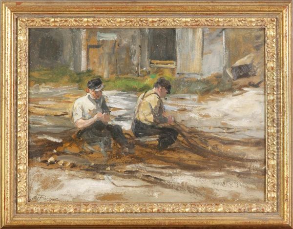 Fishermen Mending Nets Sgn. Lower Left - view 1