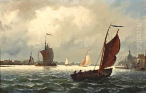 Stad Aan Een Rivier Met Zeilboten by Willem Jun Gruyter