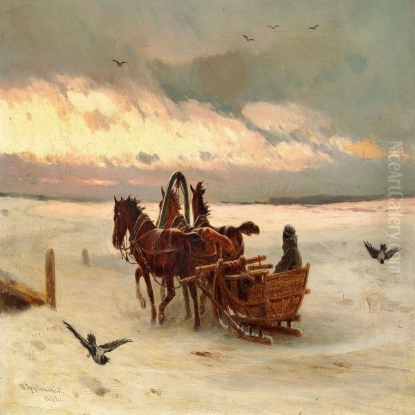 Winter Landscape With A Troika In The Evening Sun - view 1