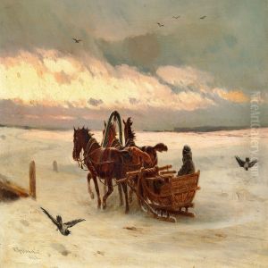 Winter Landscape With A Troika In The Evening Sun