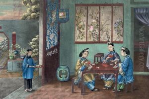 Chinese Interiors With Ladies Gaming, Dancing, And Playing Music by Tingqua Guan Lianchang