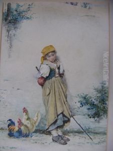 Italian Peasant Girl And Chickens by Guerrino Guardabassi