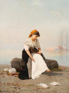 Girl Feeding Doves by Guerrino Guardabassi
