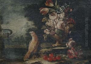 Flowers In A Vase And A Parokeet. by Francesco Guardi