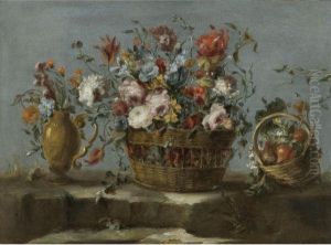 Still Life Of A Basket Of Flowers On A Rock Ledge