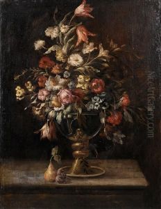 Tulips, Roses, Narcissi And Other Flowers In Abronze Mounted Vase With A Pear And Plums On A Table Top