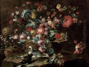 Flowers Including Roses And Tulips In A Basket, With A Pair Ofpigeons Nearby by Francesco Guardi