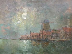 Kustenlandschaft Mit Windmuhle Im Mondlicht by Rudolf Guba