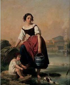 Jeune Femme, Enfant Et Chien, A La Riviere by Julien-Michel Gue