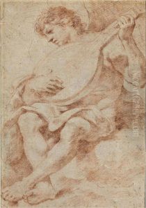 An Angel Seated On A Cloud Playing The Lute by Giovanni Francesco Barbieri