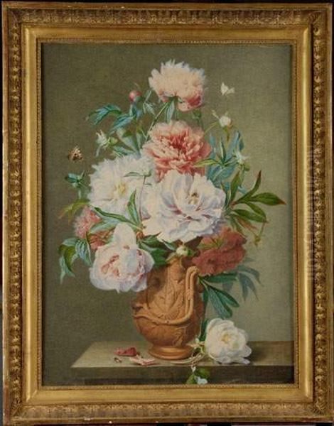 Bouquet De Fleurs Aux Papillons Et Abeilles, Dans Un Vase En Terre Cuite. - view 1