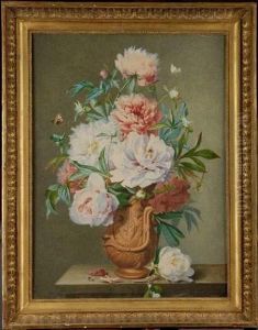 Bouquet De Fleurs Aux Papillons Et Abeilles, Dans Un Vase En Terre Cuite.