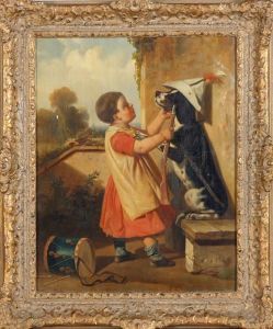 Child Playing Soldier With Pet Dog by Charlemagne Oscar Guet