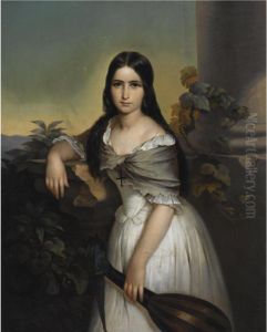 Portrait Of A Young Woman Holding A Mandolin by Karl Adolf Gugel