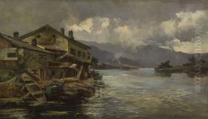Fischerhauser Am Ufer Eines Gebirgssees by Theodor Otto Michael Guggenberger