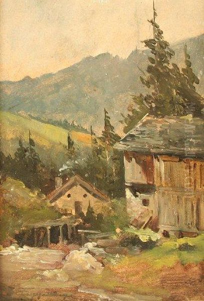 Theodor (deutscherlandschaftsmaler, Gest.1929, Sohn Des Historienmalers Thomasguggenberger), "bauernhaus Am Gebirgsbach", Ol Auf Malkarton, 24 X17, Unten Links Signiert, R. - view 1