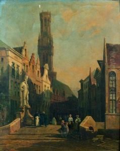 La Vue Du Beffroi De Bruges Dominant Une Rue Animee De Personnages by Jacques Guiaud
