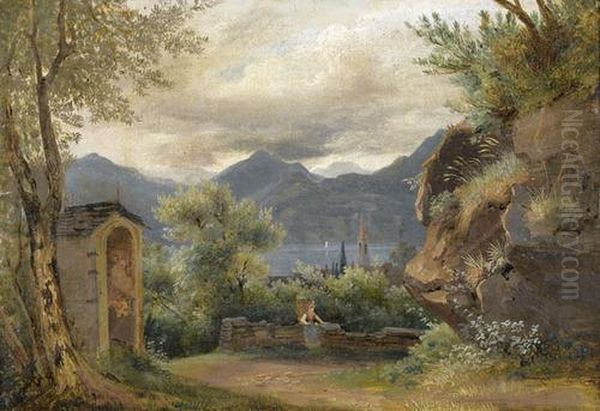 Felsige Wegpartie Mit Bauerin Vor Seelandschaft - view 1