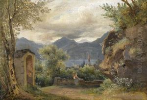 Felsige Wegpartie Mit Bauerin Vor Seelandschaft by Charles Louis Guigon