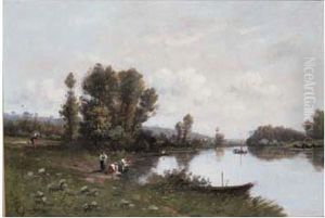 Personnages Au Bord De La Riviere by A. Guilbert
