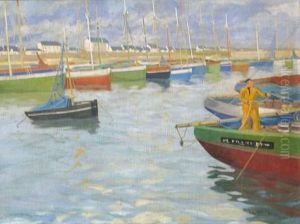 " Pecheur Greant Dans Le Port De La Turbale " by Emile Oscar Guillaume