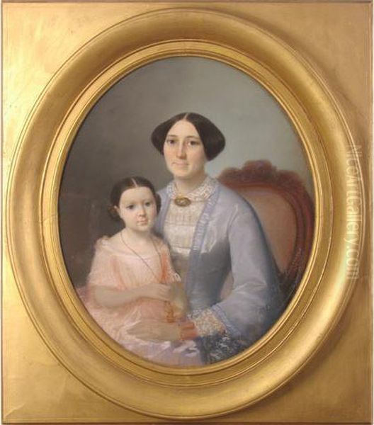 Dame De Qualite En Robe Bleue Assise Avec Sa Fille Sur Les Genoux En Robe Rose - view 1