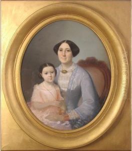 Dame De Qualite En Robe Bleue Assise Avec Sa Fille Sur Les Genoux En Robe Rose
