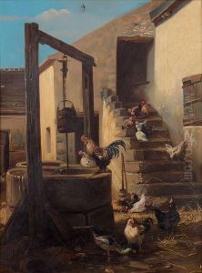Coq Et Poules Dans Une Basse-cour Au Puits Et A L'escalier